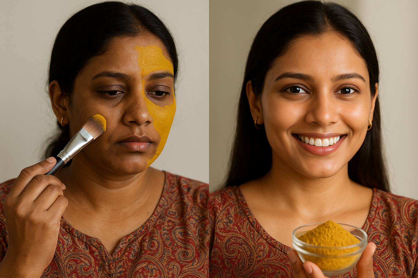 desigirl with dress and dull n tan face applying avarampoo facepack powder before n after result