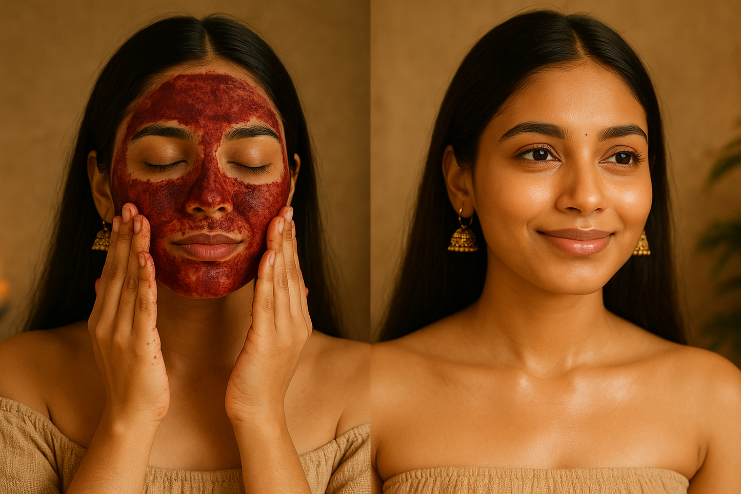 indian girl applying hibiscus facepack powder before after result glowing skin
