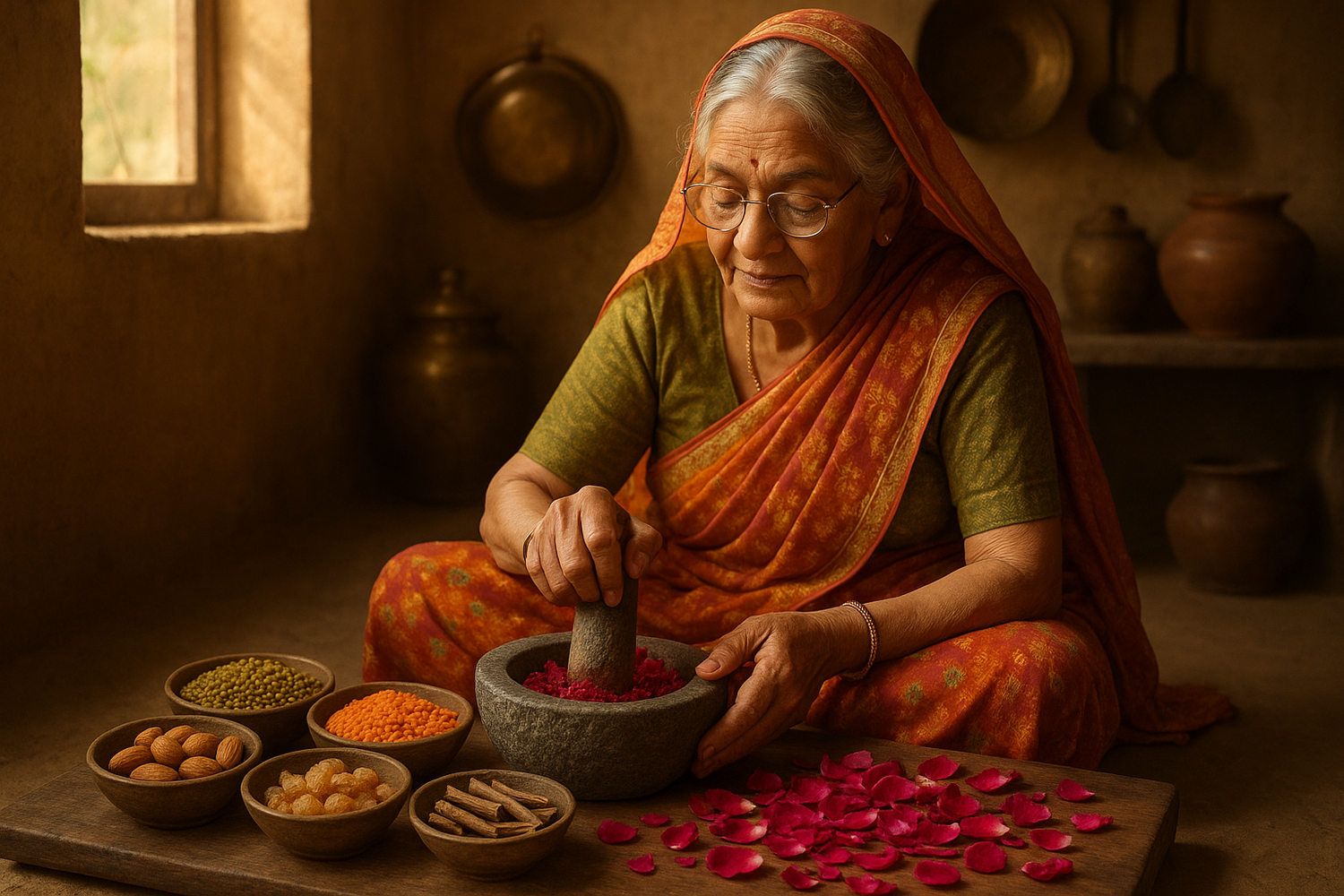 indian grandmother preparing rose petlas face pack powder preperation natural ingraedients rose petals mung bean redlentils almond gum licorice