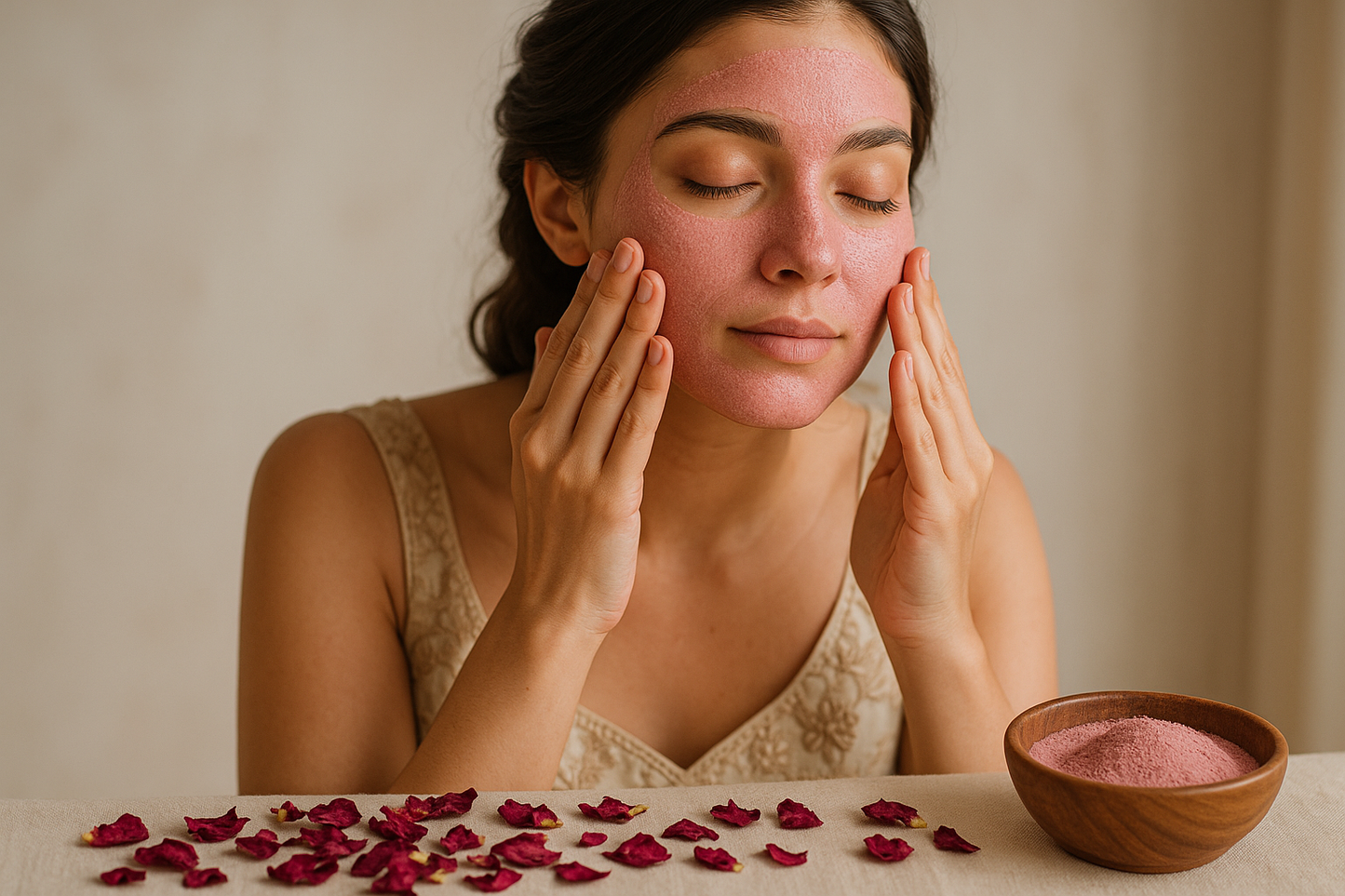 girl with dress applying rose patals powder face pack like paste