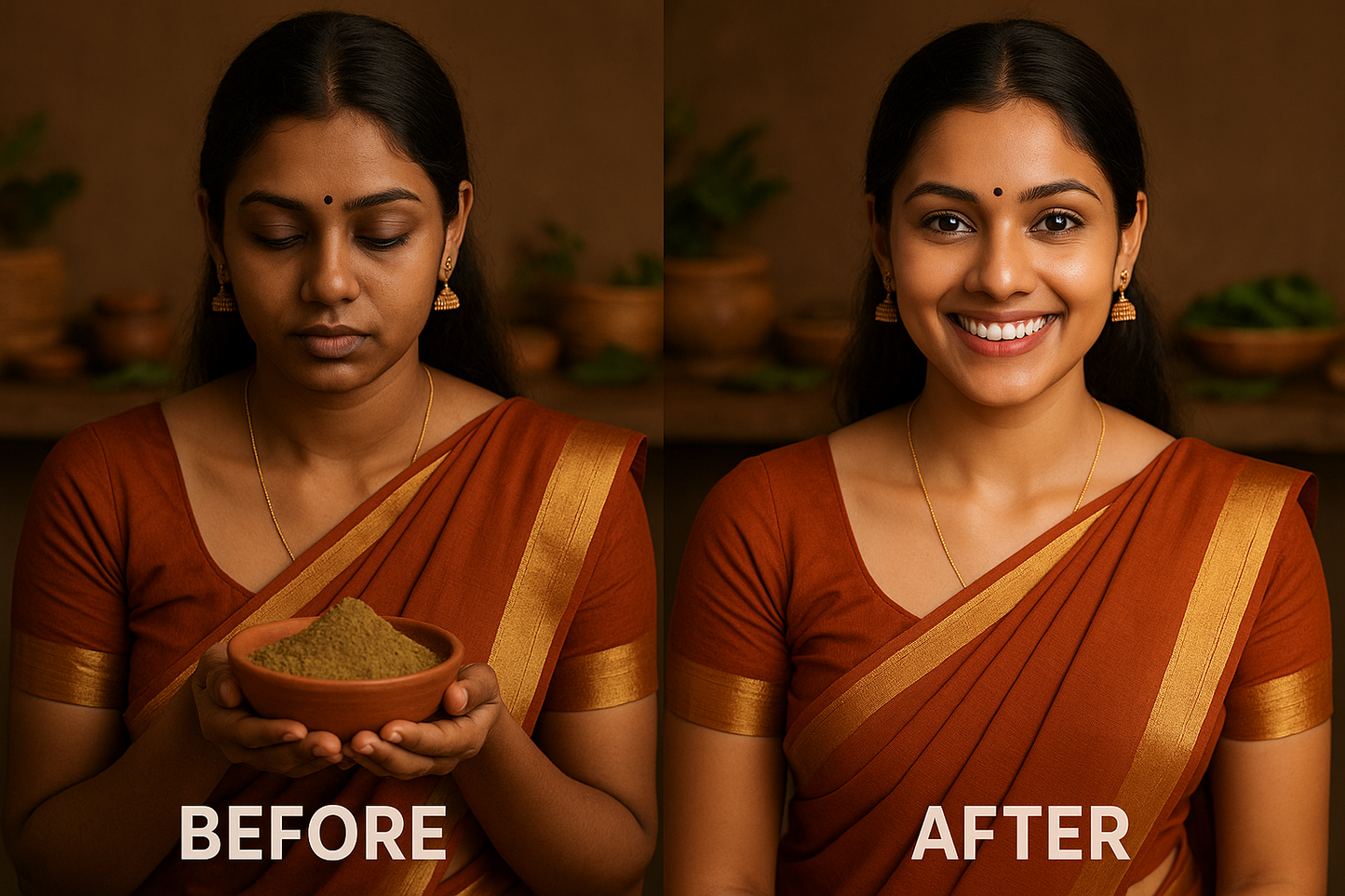 INDIAN GIRL WITH DRESS APLLYING HERBAL BATH POWDER FOR Natural cleanser BEFROE N AFTER RESULT